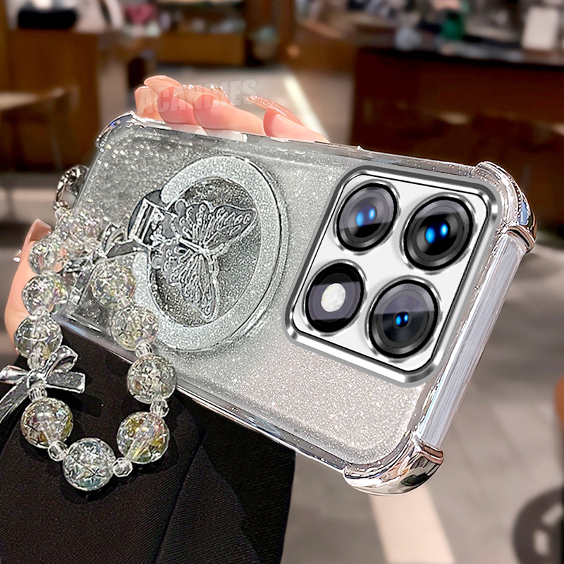 TEMU Phone Case - For Xiaomi14t Luxury Glitter Bracket Folding Holder With Bead Lanyard Wrist Strap Chain And Gradient Plating Phone Case For Xiaomi