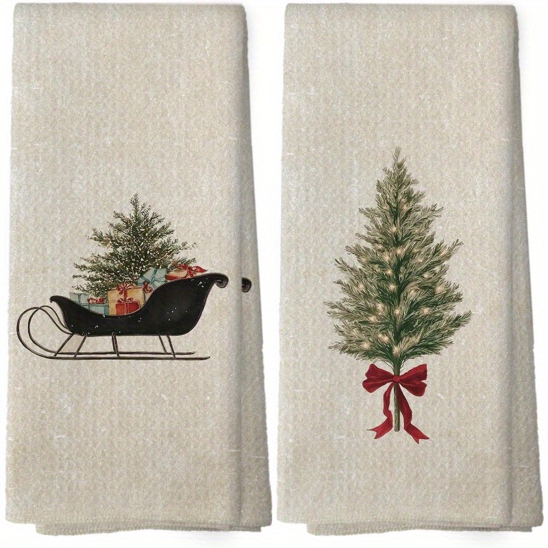 TEMU 2pcs 18*26 Inch Vintage Christmas Tree Kitchen Dish Towels Set Of 2, Christmas Kitchen Gifts, Rustic Farmhouse Winter Xmas Sleigh Seasonal Hand Towels Tea Towel Decorations