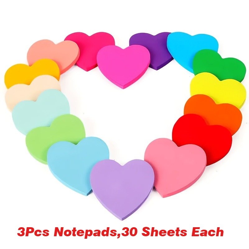 TEMU 3-pack (suitable For & Office) Heart-shaped Sticky Notes - 30 Pages Per Pack, Adhesive Pages, Random Color Heart Notes For Journals, Planners,
