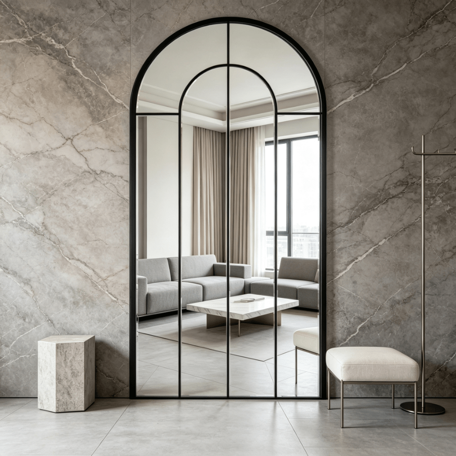 Arched Window Panel Wall Mirror with Wood Frame