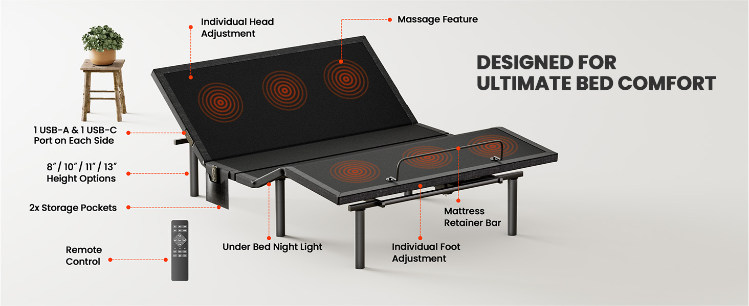 Adjustable Bed Frame with Massage, Head And Foot Incline, Wireless Remote, 4 Built-In USB Ports, LED Night Light, 4 Height-Adjustable Legs, Electric Bed Base, Christmas Gifts