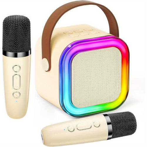 portable karaoke machine with 2 wireless microphones colorful led lights rechargeable lithium battery ideal for birthdays parties family entertainment party entertainment modern karaoke machine durable abs material karaoke machine