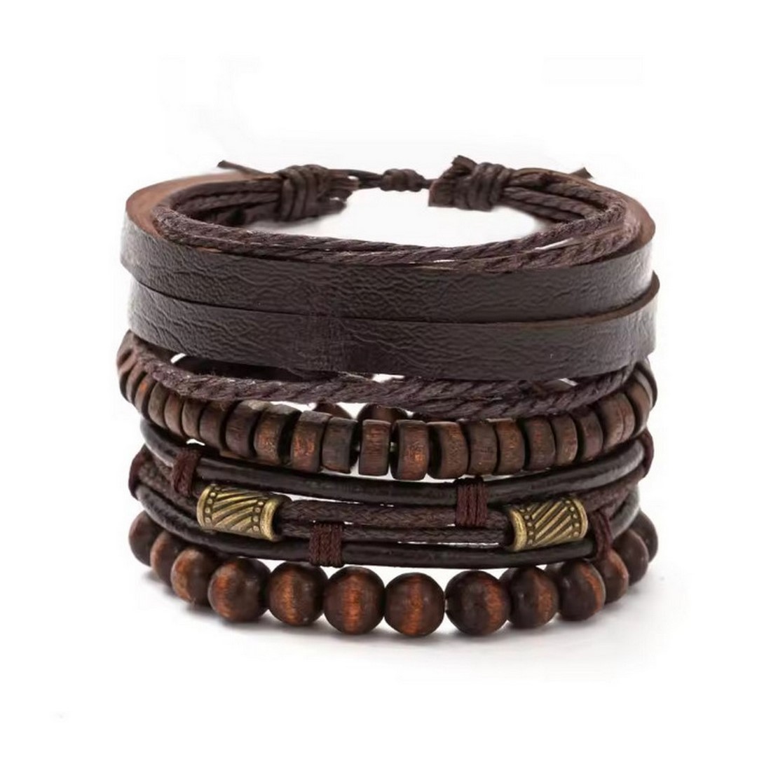 TEMU Juego de 4 pulseras de cuero sintético negro para hombre, multilayer, con cuentas de madera tejidas, de cobre envejecido vintage y joyería