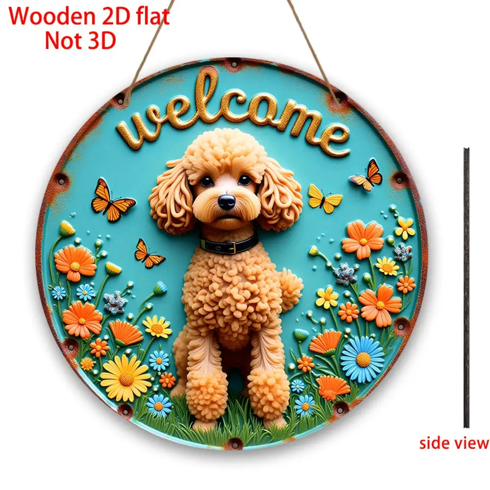 TEMU 2d Flat - A Round 2d Retro Welcome Sign - Turquoise Floral And Background With A Cute Poodle - Wooden Ornament - Easy Hanging Rope Suitable For