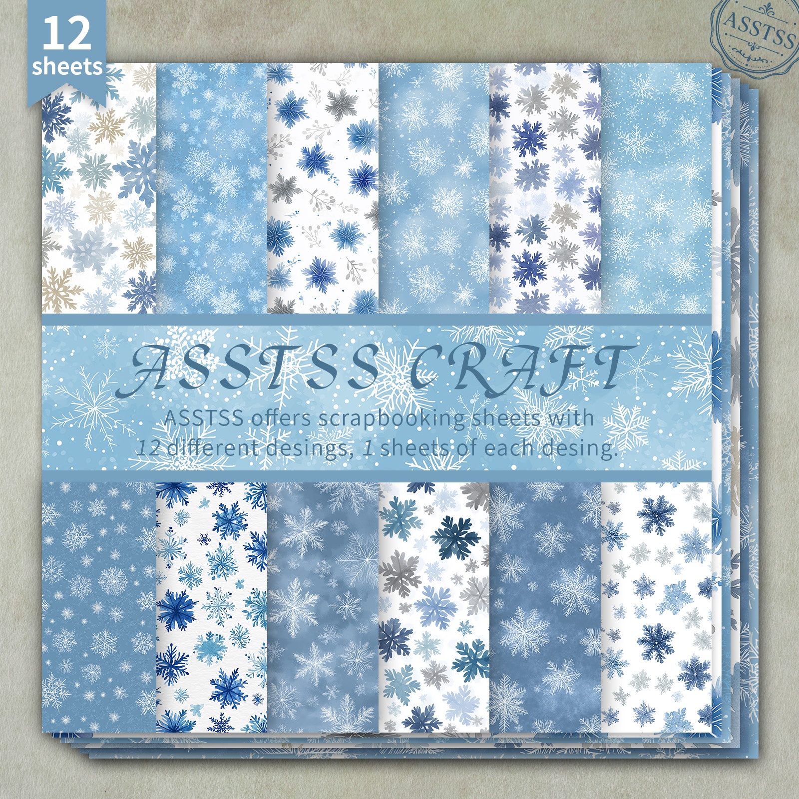 TEMU 12-sheet Asstss Winter Scrapbooking Paper Pad Suitable For Journaling, Collage Art & Crafts - Heavyweight Cardstock With Light Blue Watercolor