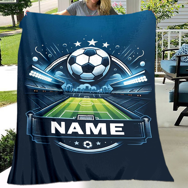 TEMU Custom Name Football-themed Printed Blanket, Personalized Soft Warm Blanket, 1pc Cartoon Pattern Multifunctional Throw Blanket - , Suitable For