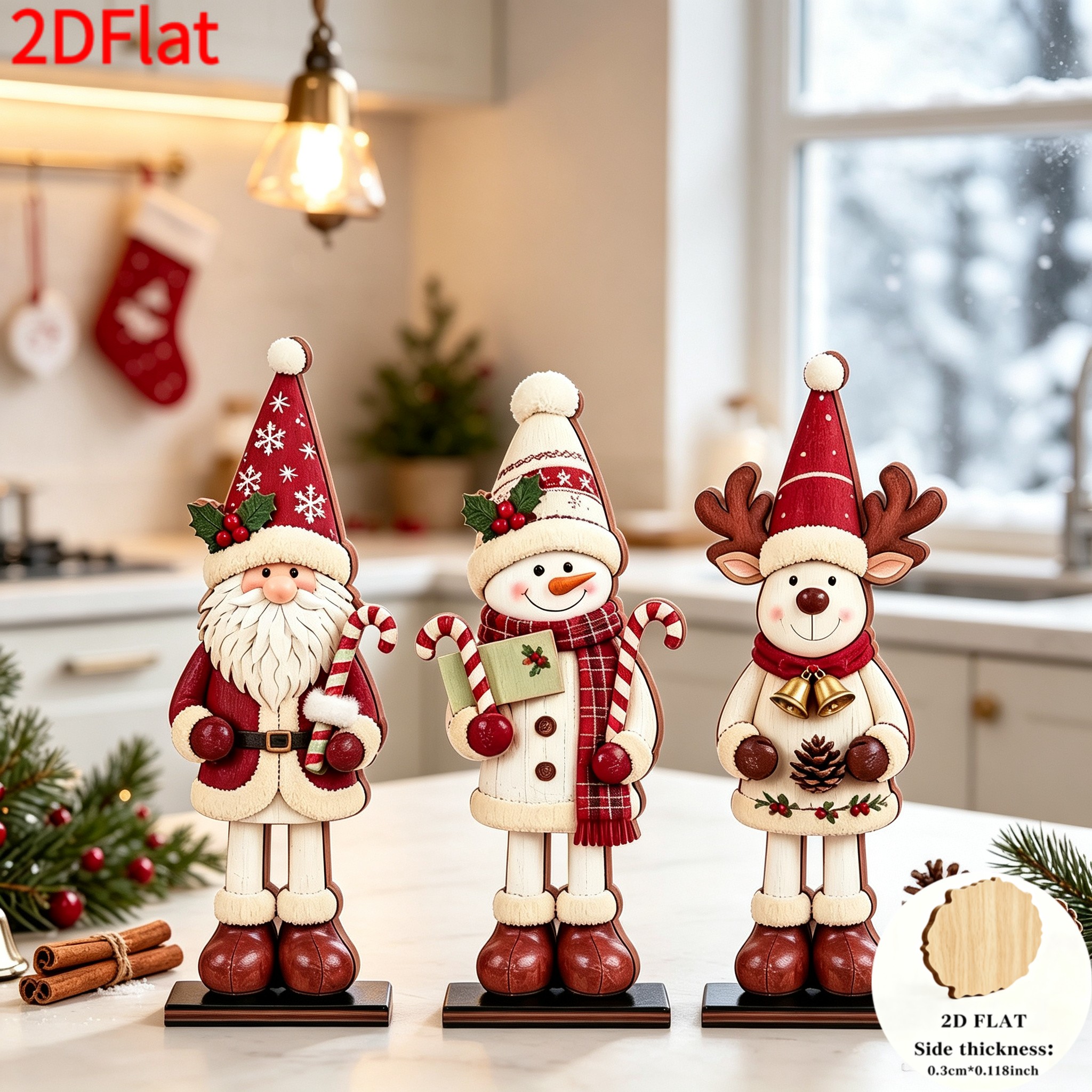 TEMU 2d Flat, 3pcs Christmas Wooden Ornaments, Including Santa Claus, Cute Snowman, And Reindeer, 3 Classic Christmas Images, Premium Decorations For
