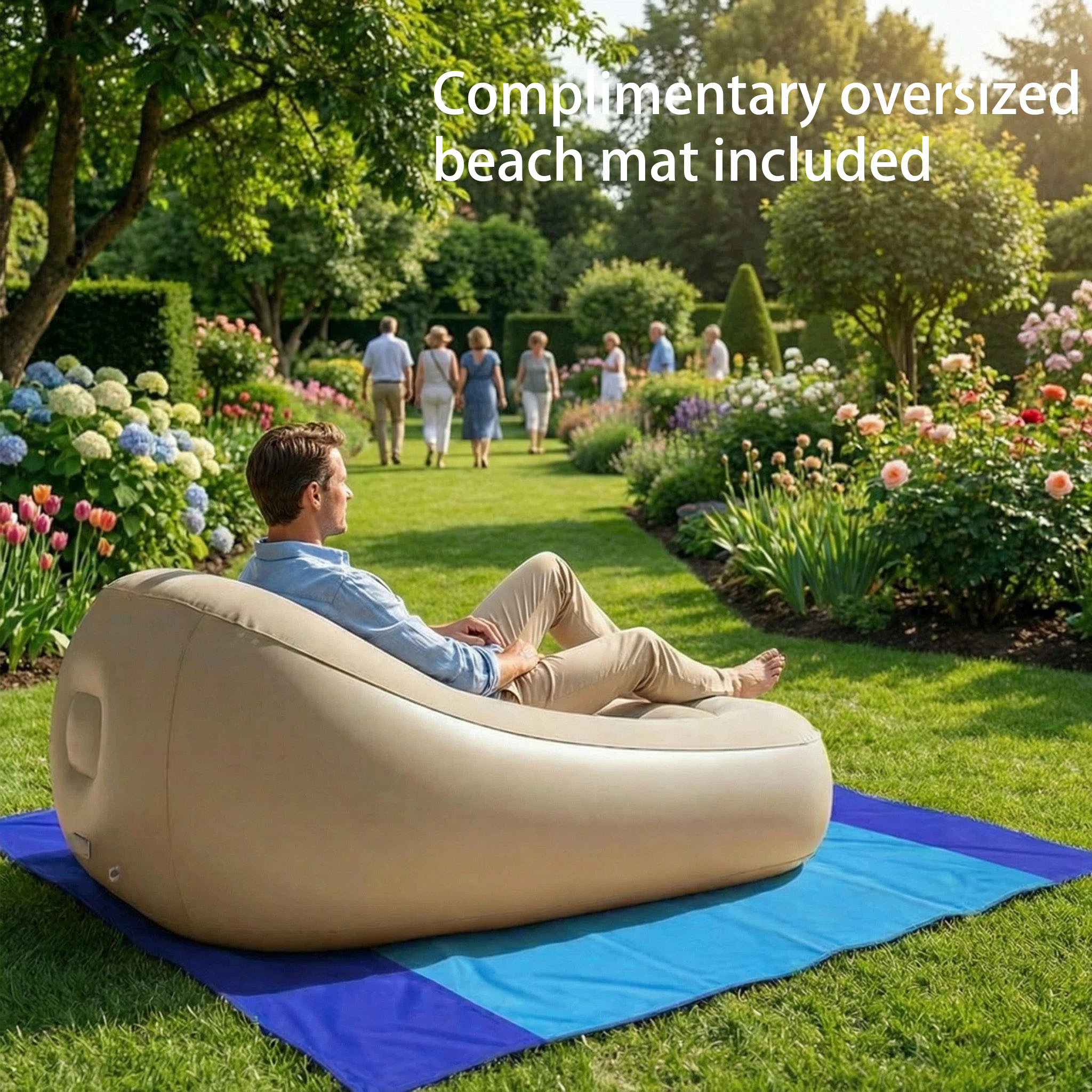 2pcs Set (1 Inflatable Sofa + 1 Camping Beach Mat) - Large Inflatable Lounge Sofa Bed with Bottom Protective Mat, Outdoor Inflatable Bed, Camping Recliner Inflatable Sofa, Multi-functional Inflatable Lounge Sofa Bed with Extra-Large Bottom Protective