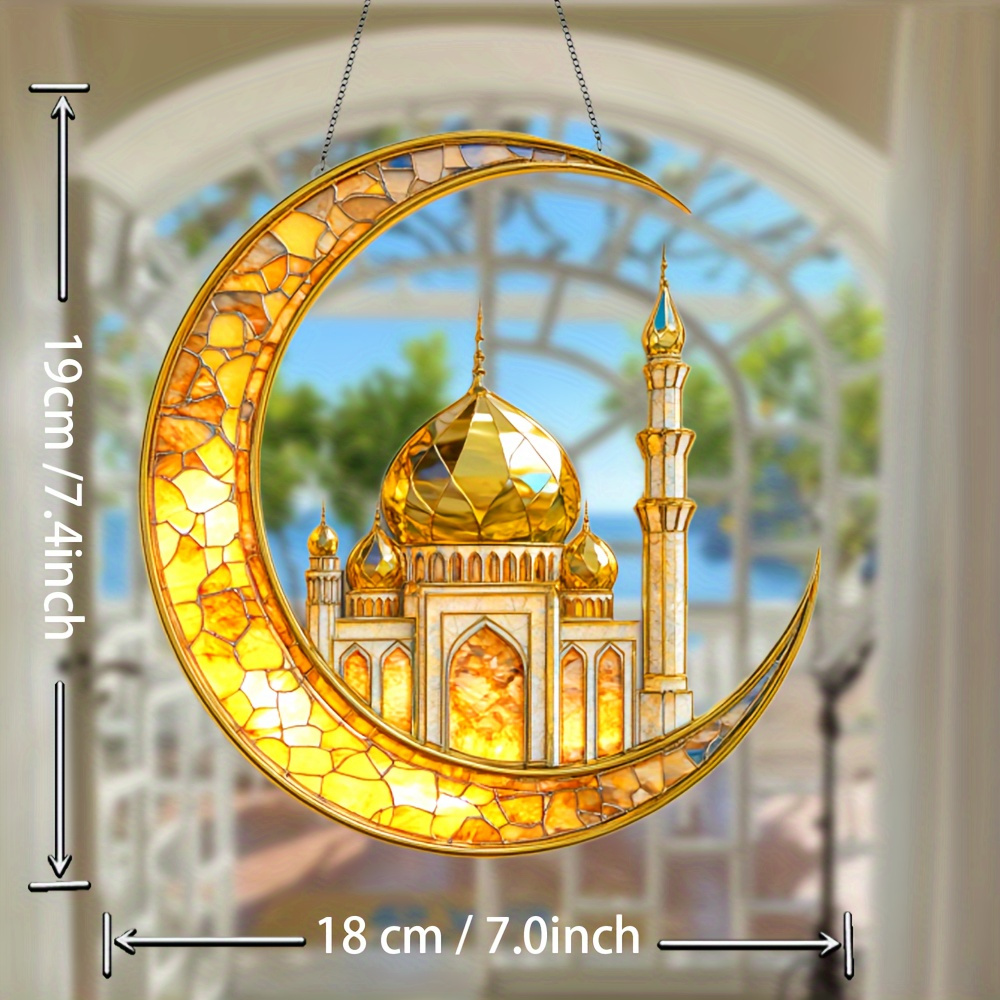 

1 Attrape-soleil Croissant et Mosquée de Ramadan, Pendentif de Fenêtre en Vitrail Coloré, Taille 7" X 7.4", Décoration de Jardin et Maison pour les Fêtes, Cadeau Idéal pour et