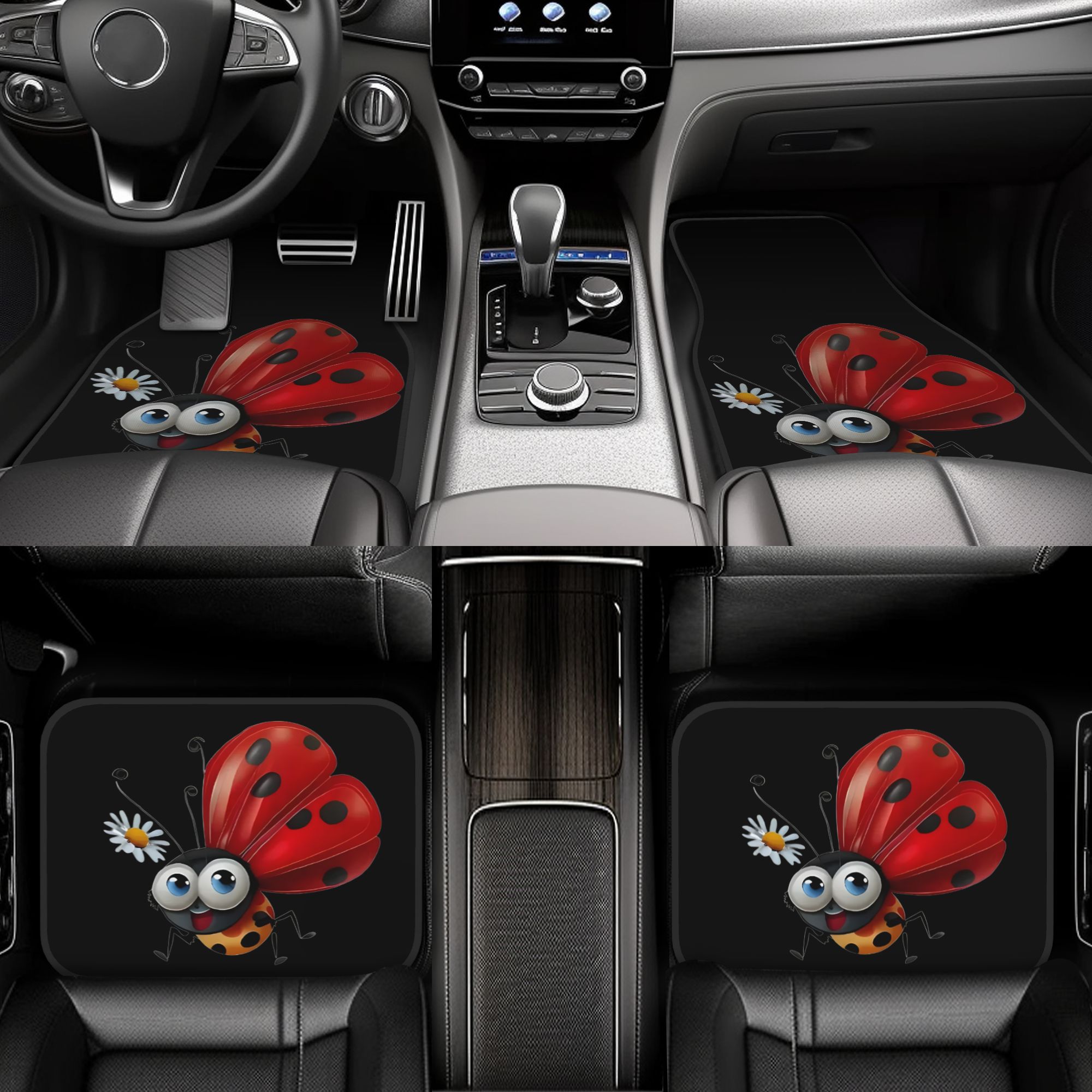 TEMU 4pcs Set Of Adorable Ladybug And Daisy Pattern Car Floor Mats, Non-slip Universal Fit. Suitable For Sedans, Suvs, And Pickup Trucks. Full