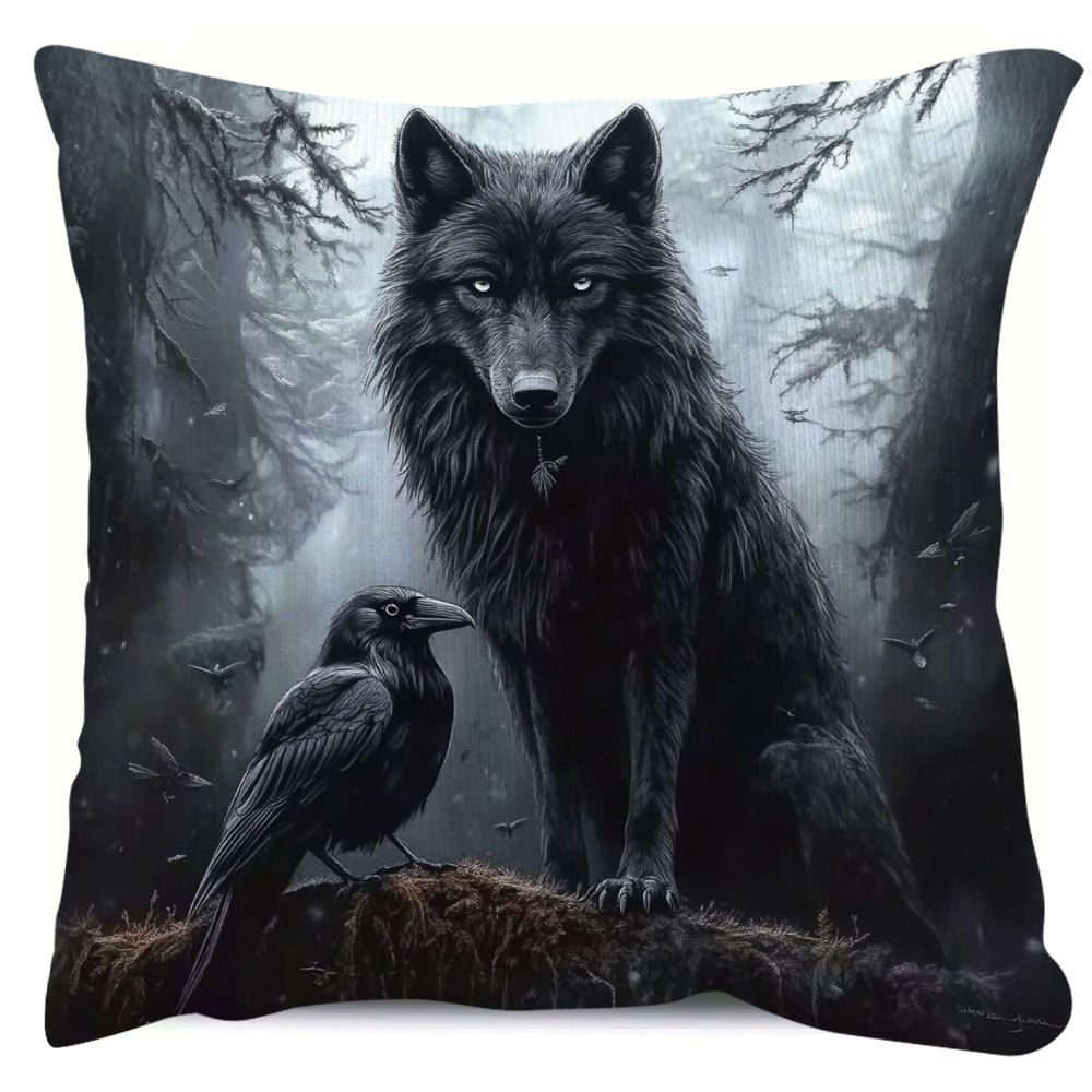 TEMU 1pc Xiang86 Wolf & Crow Pillowcase - Gothic Black Wolf & Crow Forest Cushion Cover, Double-sided Printed Zippered Bed/sofa Cover, & Wolf Decor
