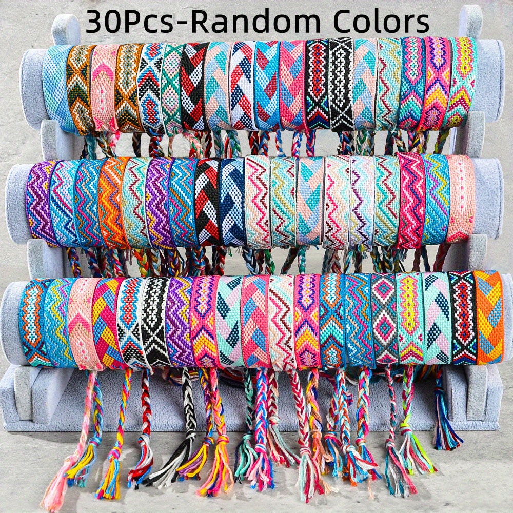 TEMU 30pcs Handmade Woven Friendship Bracelets Bulk, Boho Adjustable Braided String Bracelets With Colorful Geometric Patterns, Ethnic Nepal Style