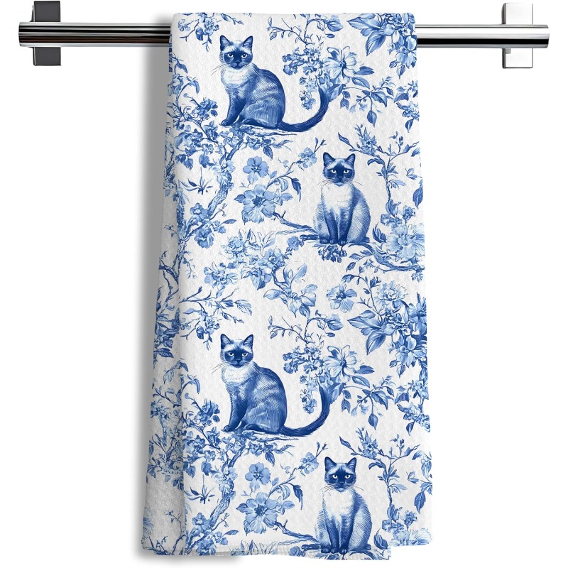 1pc 18*26 Inch Chinoiserie Floral Siamese Kitchen Towels, Blue And White Cat Decor Kitchen Dish Tea Towels Bathroom Gifts For Cat Lovers Women Men, Siamese Cat Gifts