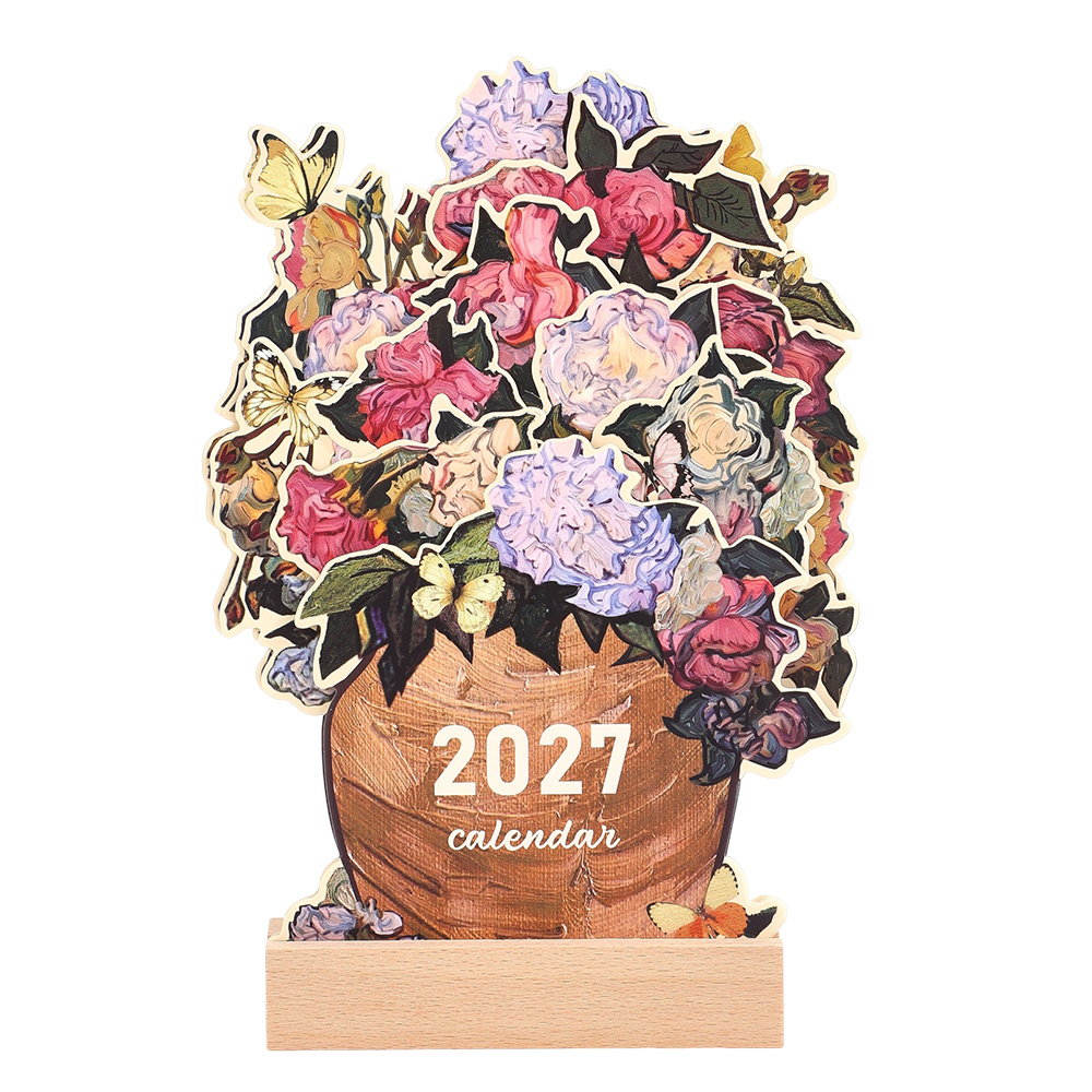 TEMU 1 Set 2027 Wooden Base Desk Calendar Vintage Painting Cute Cats Coloring Monthly Cards 12 Replaceable Inserts With Grooved Holder, For Office,