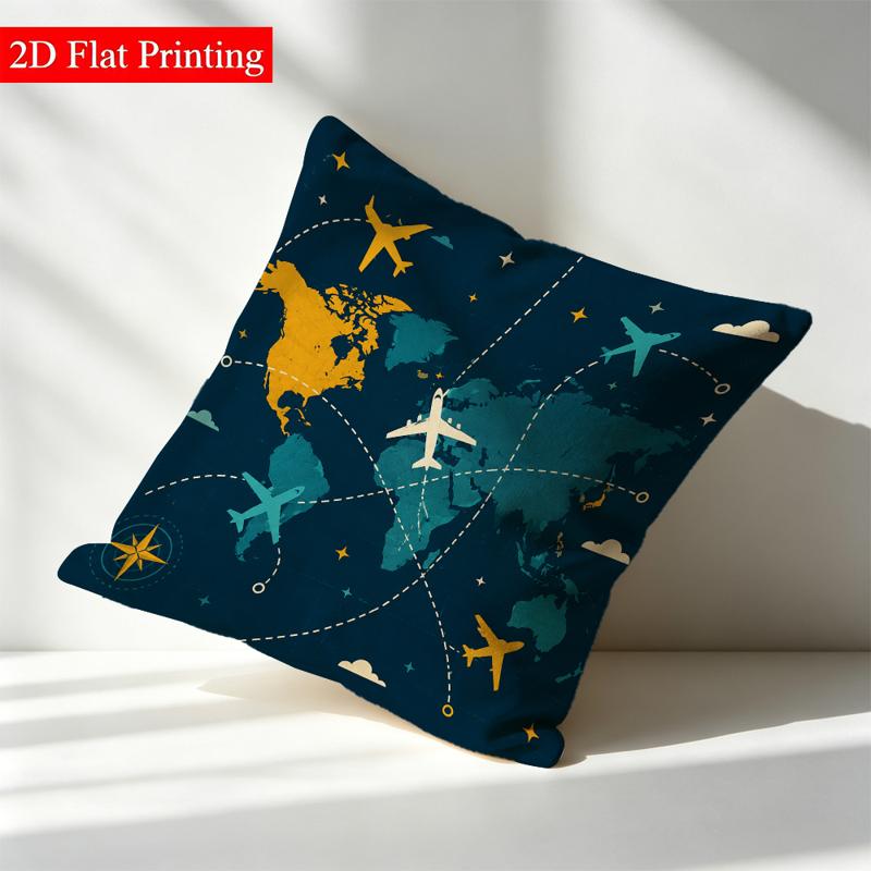 TEMU 1pc 2d Flat Printing Double-sided Cushion Cover, World Map And Airplanes Pattern, 17.71 X 17.71 Inches, No Pillow Core, Non-3d And
