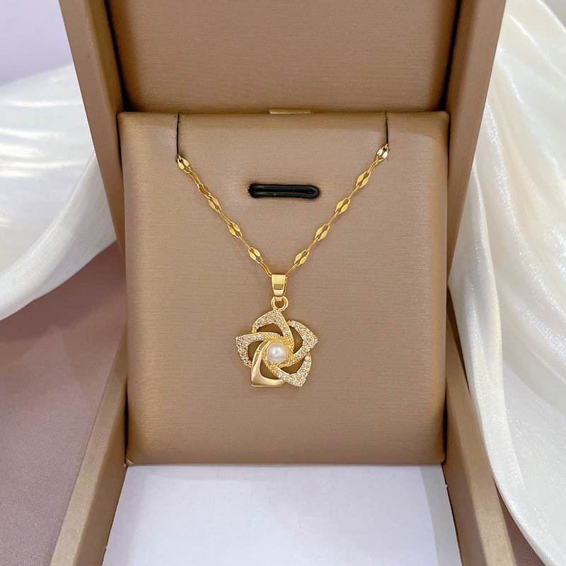 Stainless Steel Gold Plated Synthetic Zirconia & Rotating Floral Pendant Necklace, Trendy Adjustable Chain Jewelry Gift For Women