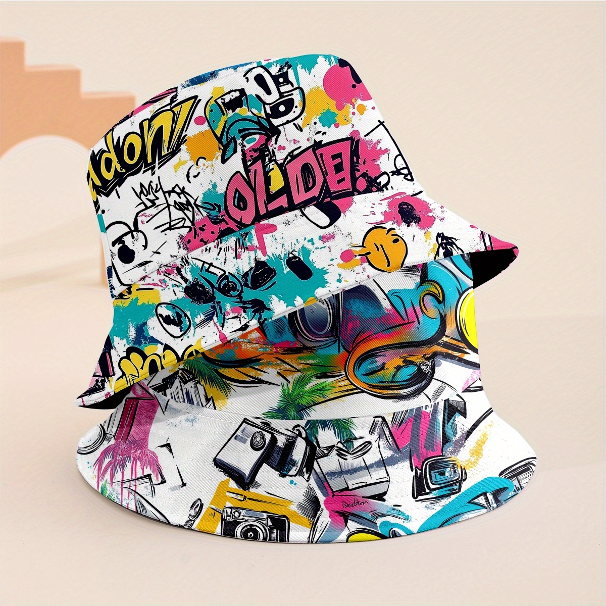 Image of 2-pack Full Printed Double-sided Fisherman Hats, Graffiti Camera Cartoon Fishing Hat, Fashion Summer Unisex, Perfect For Beach And Outdoor Adventure, Random Line Matching Travel Hat