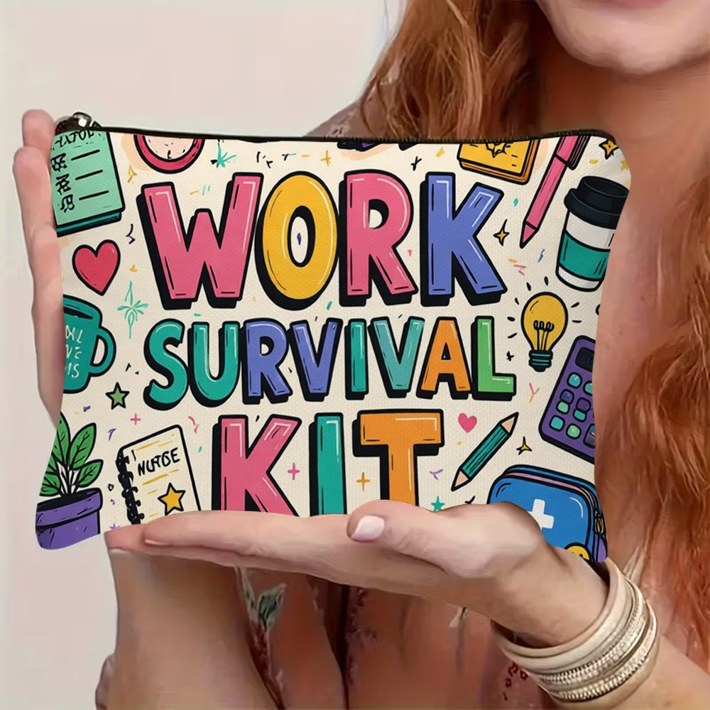 TEMU Doodle "work Survival Kit" Print Makeup Bag, Lightweight Polyester Toiletry Pouch Measuring 8.7 X 5.9 Inches / 22 X 15 Cm, Mixed Color Travel