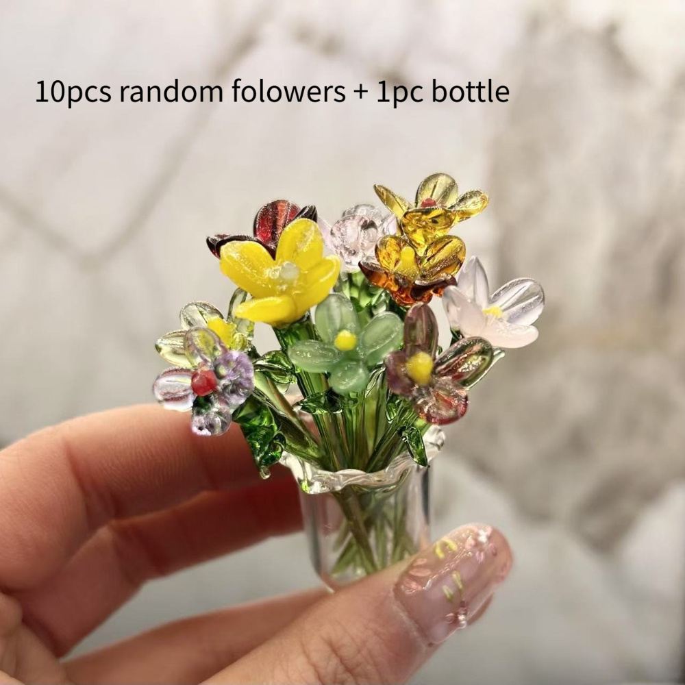 TEMU 11pcs Random Color Handmade Crystal Glass Mini Floral Decoration Set - Elegant Mini Flower Figurines With Colorful Translucent Petals And Sturdy