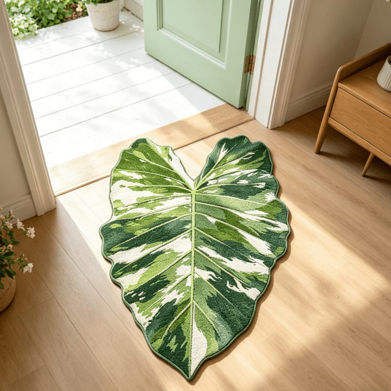 TEMU Style Green White Leaf Bedroom Bedside Plush Irregular Long Strip Carpet Natural Style Realistic Tropical Plant Pattern Living Room Sofa Area