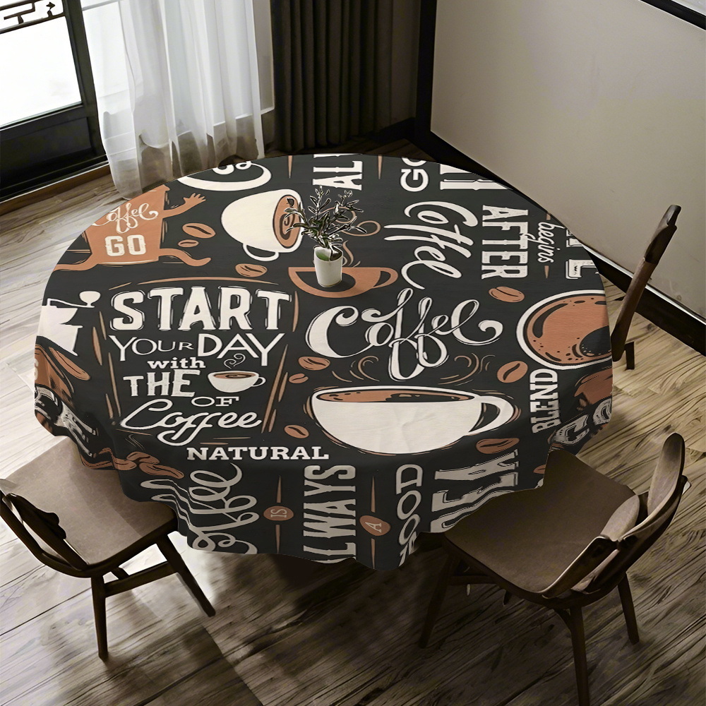 1pc impression plate 2d 59x59pouces/150x150cm, motif fond noir   de café, nappe ronde imprimée   haut de gamme adaptée aux fêtes   dannée, décoration de salon, résistante aux plis, articles de décoration de table,  , restaurant