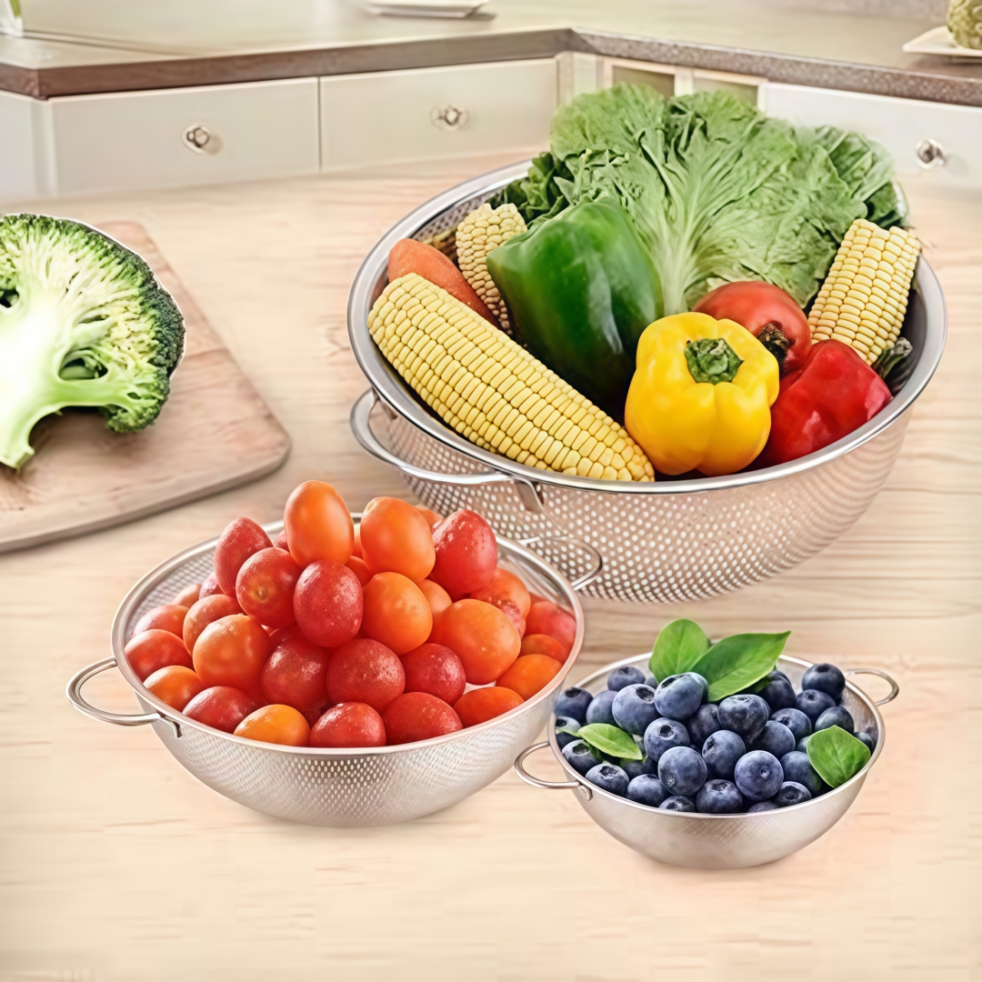 Image of Colander Set Of 3, Stainless Steel Perforated Metal Colander Strainer With Handles For Spaghetti, Pasta, Berry, & Dishwasher Safe