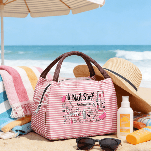 nail tool line art print striped tote bag womens handbag organizer portable makeup bag reinforced woven large capacity zipper closure partition storage suitable for nail enthusiasts of nail supplies
