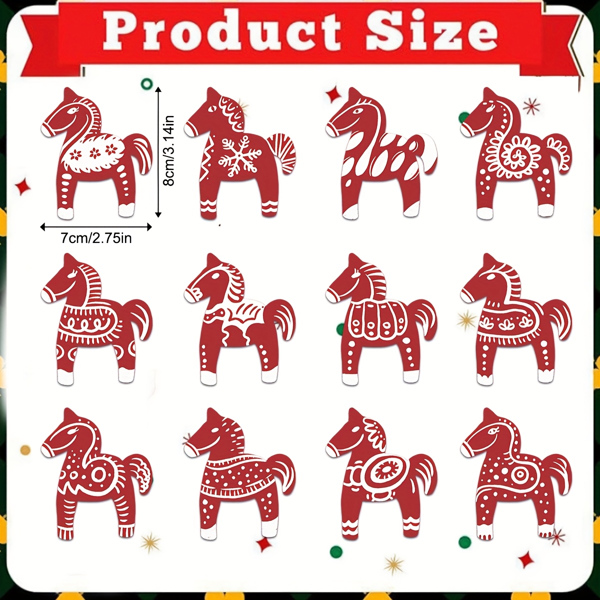 TEMU 12pcs Set 2026 Year Of The Horse Style Wooden Horse Christmas Wooden Hanging Ornament Red Pattern Creative Hanging Decoration Christmas Tree