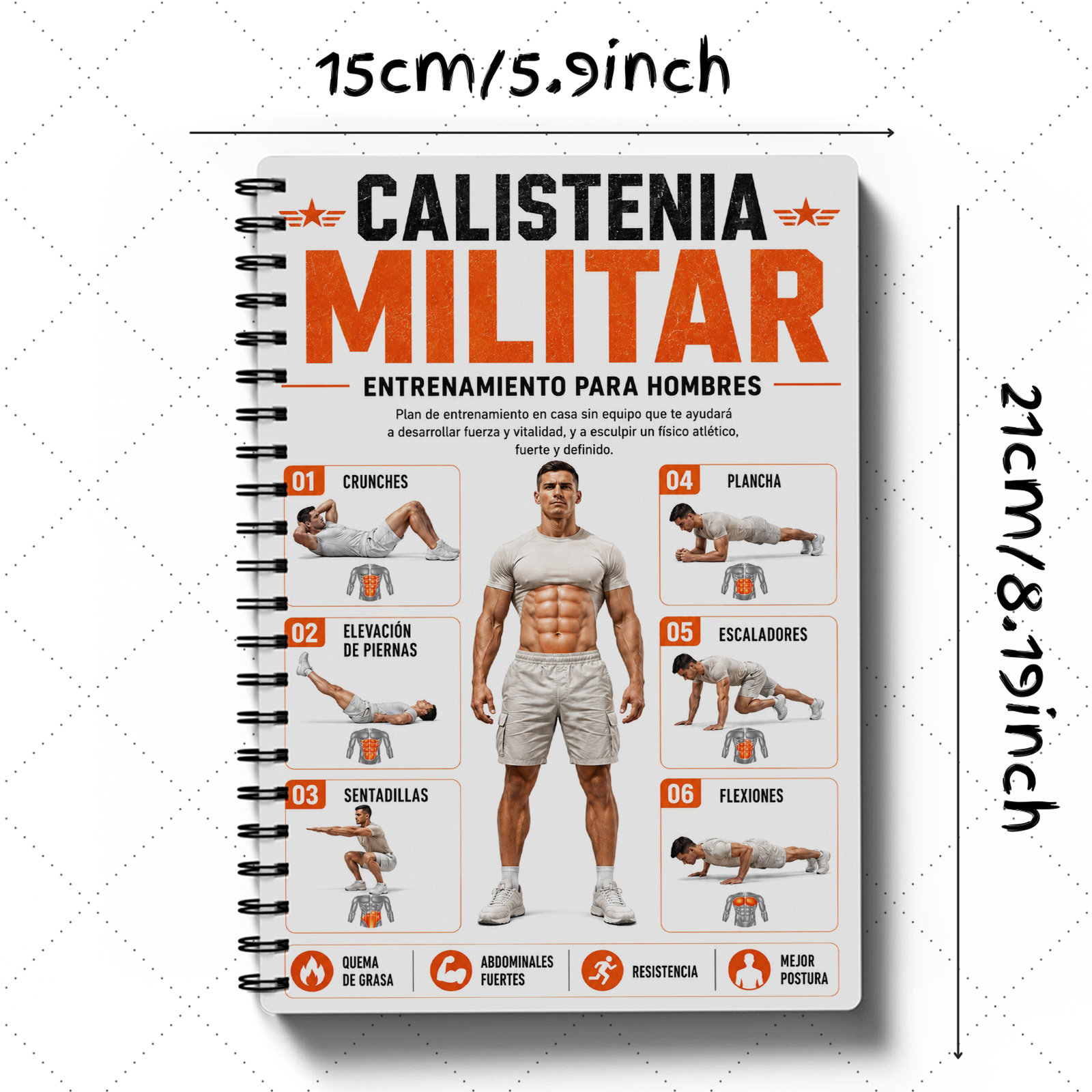 TEMU Men's 28-day Spanish Military Gymnastics Training Plan Book - Spiral Bound, Bodyweight Without Equipment, Includes Weekly Progress Tracking,