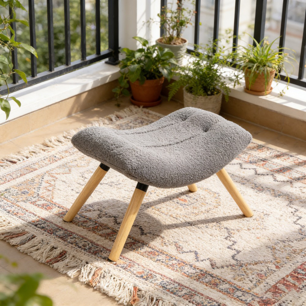Berber Fleece Upholstered Ottoman Footstool | 67x45x38cm Dark Gray Stool With 120kg Capacity For Living Room & Bedroom