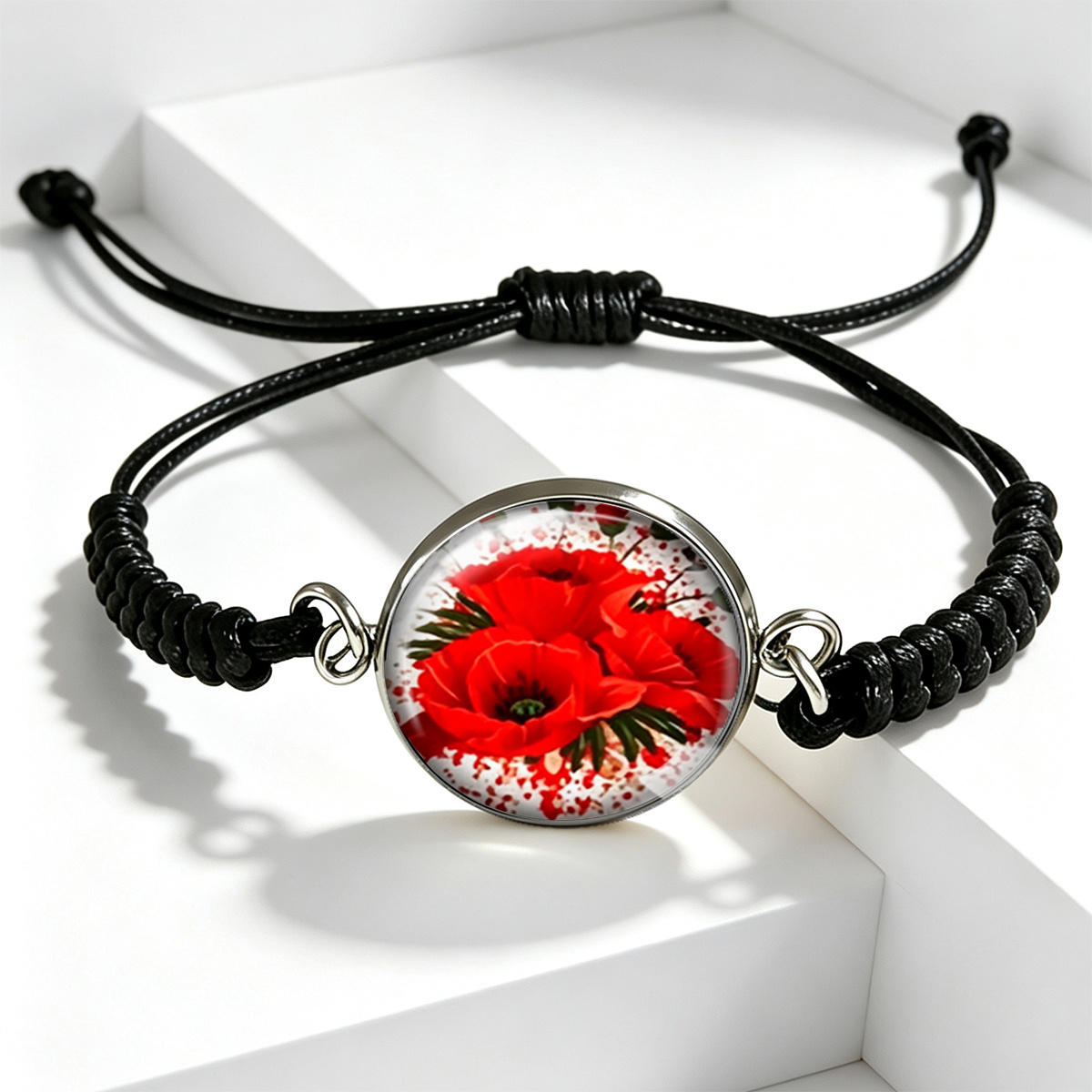 TEMU 1 pièce Bracelet réglable pour homme et femme perles de verre, avec imprimé de de fleurs de coquelicot , rond et tressé, adapté pour un port ,