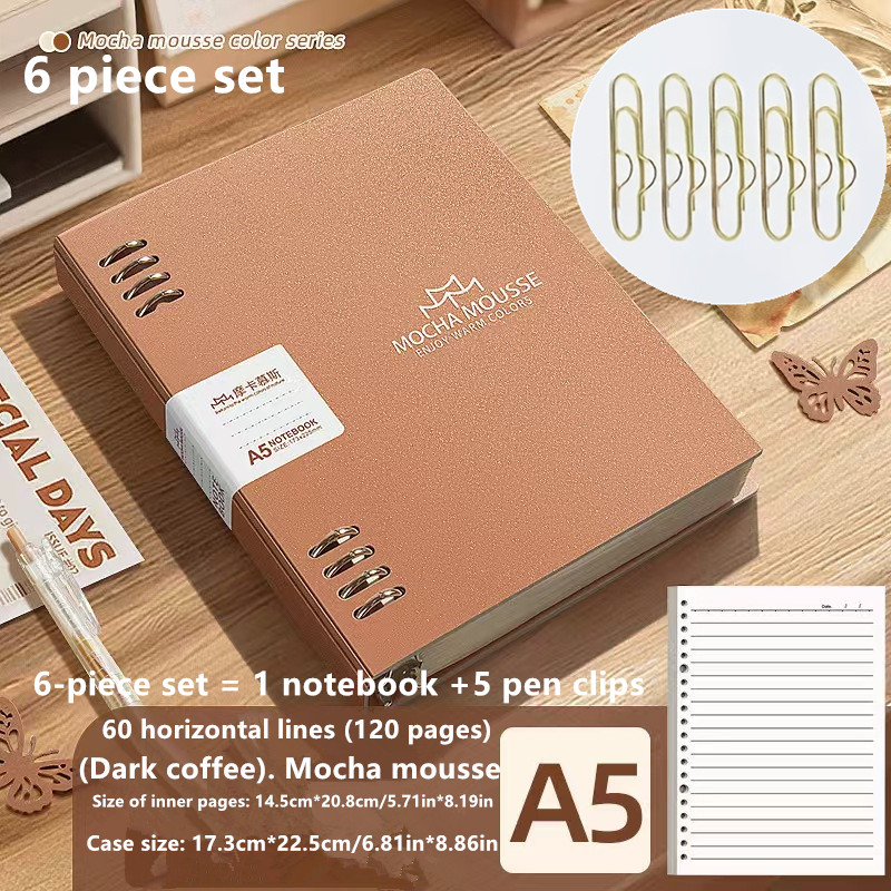 TEMU Set da 6 pezzi che (1 e 5 clip per penne) Serie color Mocha Mousse A5/B5 Quaderni a fogli mobili Non irritanti Bobine per rimovibili e