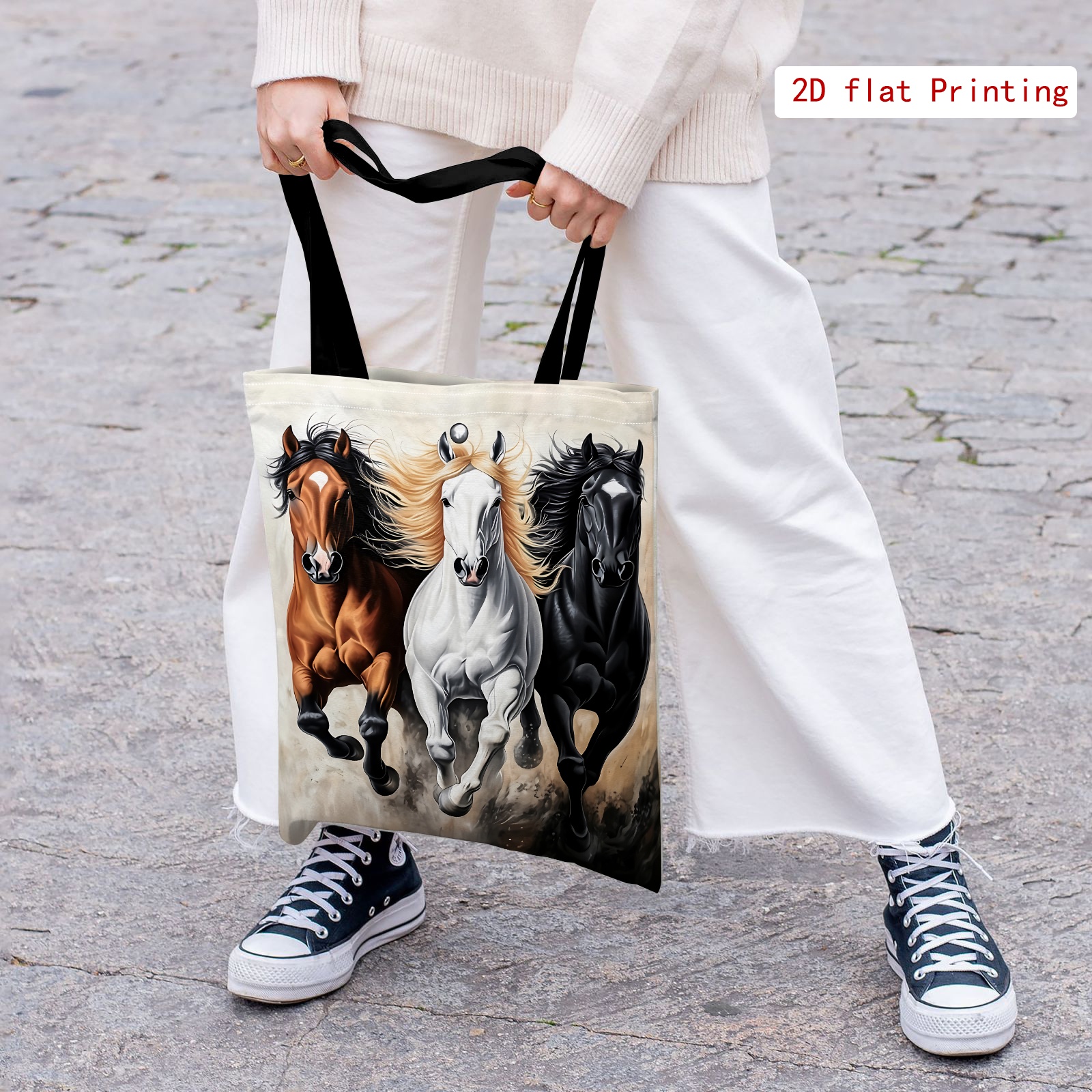 TEMU 1pc 3 Horses Oil Painting Style Printed Tote Bag, Large Capacity, Durable, And Reusable, Suitable For Shopping / Commuting / School / Outdoor