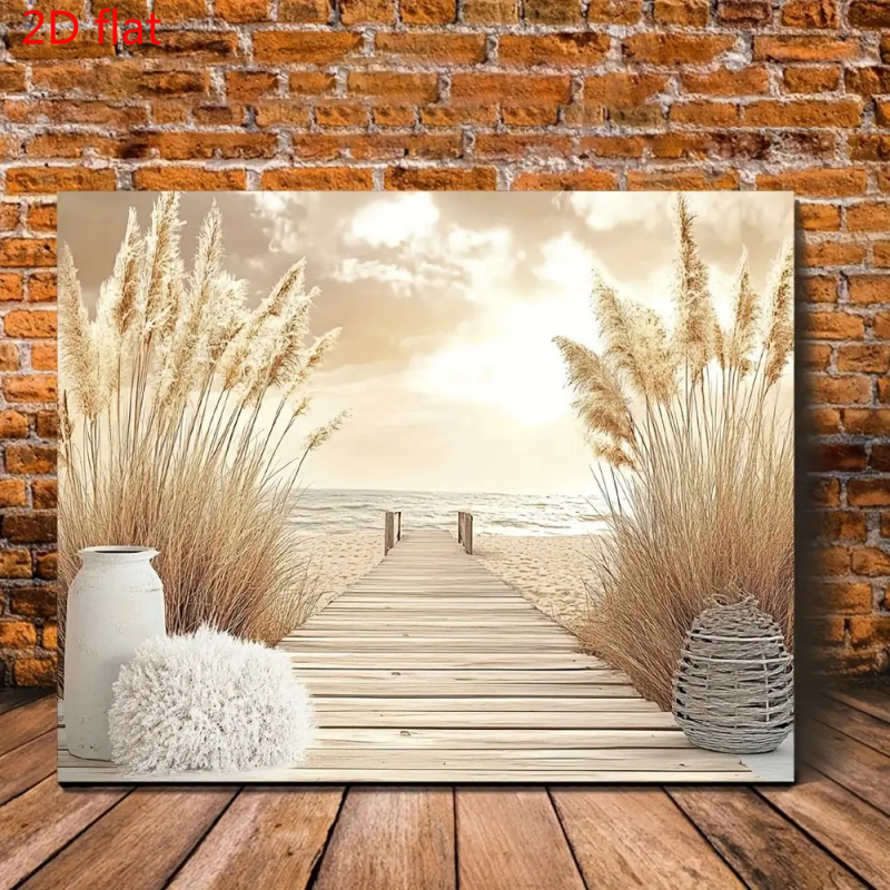 TEMU Art mural sur toile encadrée 2D plat, 1 pièce - Jetée de plage côtière bohème avec herbes dorées et ciel , impression sur toile de haute qualité