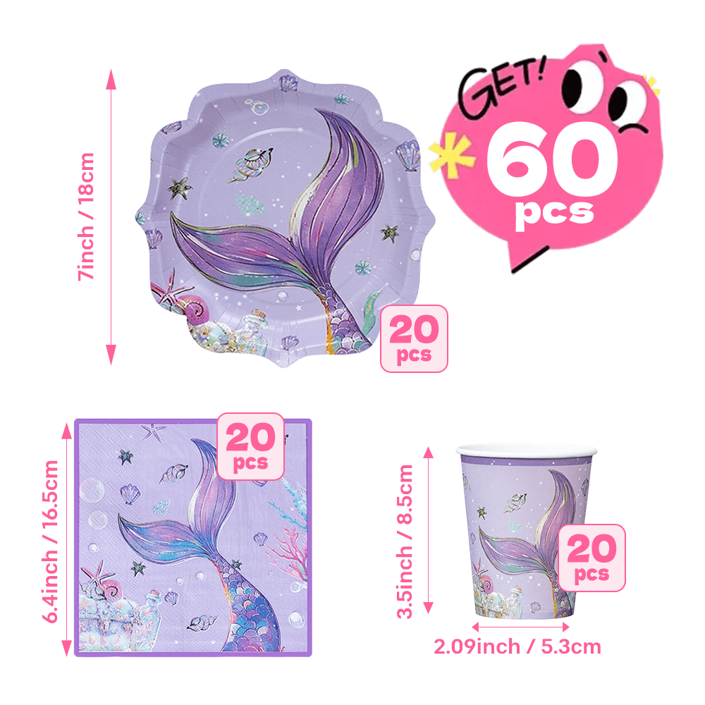 Image of 60pcs, Purple Mermaid Theme Disposable Party Tableware Set (20pcs 7-inch Plates And 20pcs Napkins And 20pcs Paper Cups), Glittery Fish Tail Print
