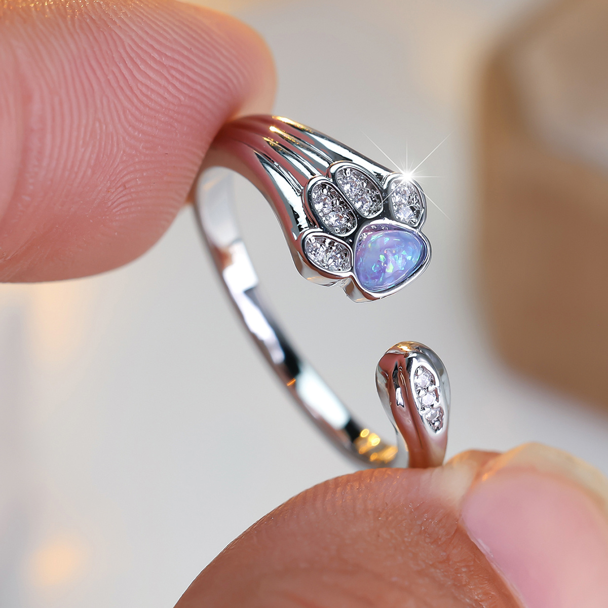 Unisex Cute Paw-Shaped Open Ring with Iridescent Opal