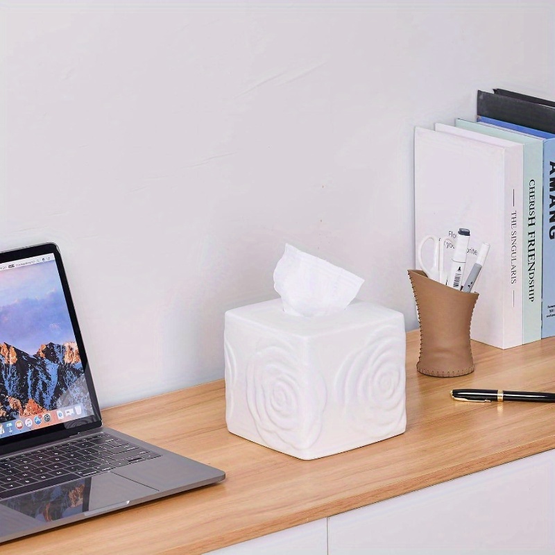 1pc elegant white ceramic tissue box holder with carved lid - large square/rectangular design, decorative lid & sturdy base for bathroom, vanity, kitchen, office - decorative storage for tissues, tissues not included - modern & traditional decor - compatible with cylindrical boxes (compatible with tissue boxes, not tissues) - ceramic tissue box cover with carved rose detailing, decorative tissue box holder, tissue holder bathroom, tissue box with storage, Product details 4