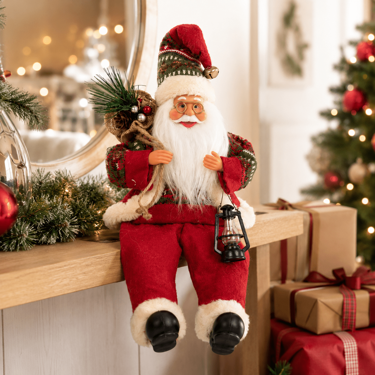 TEMU 1pc Elegant Red Sitting Santa Claus Figurine With Lantern & Gift Sack - Plastic/ Suitable For Christmas, Thanksgiving, New Year Decorations -