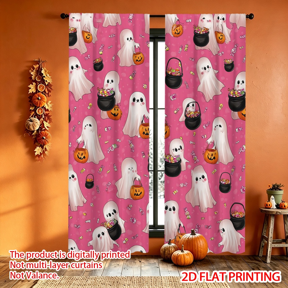 item picture 2d flat 2d flat 2pcs halloween cute ghosts blackout printed door curtains suitable for pole curtains for living room furniture decoration