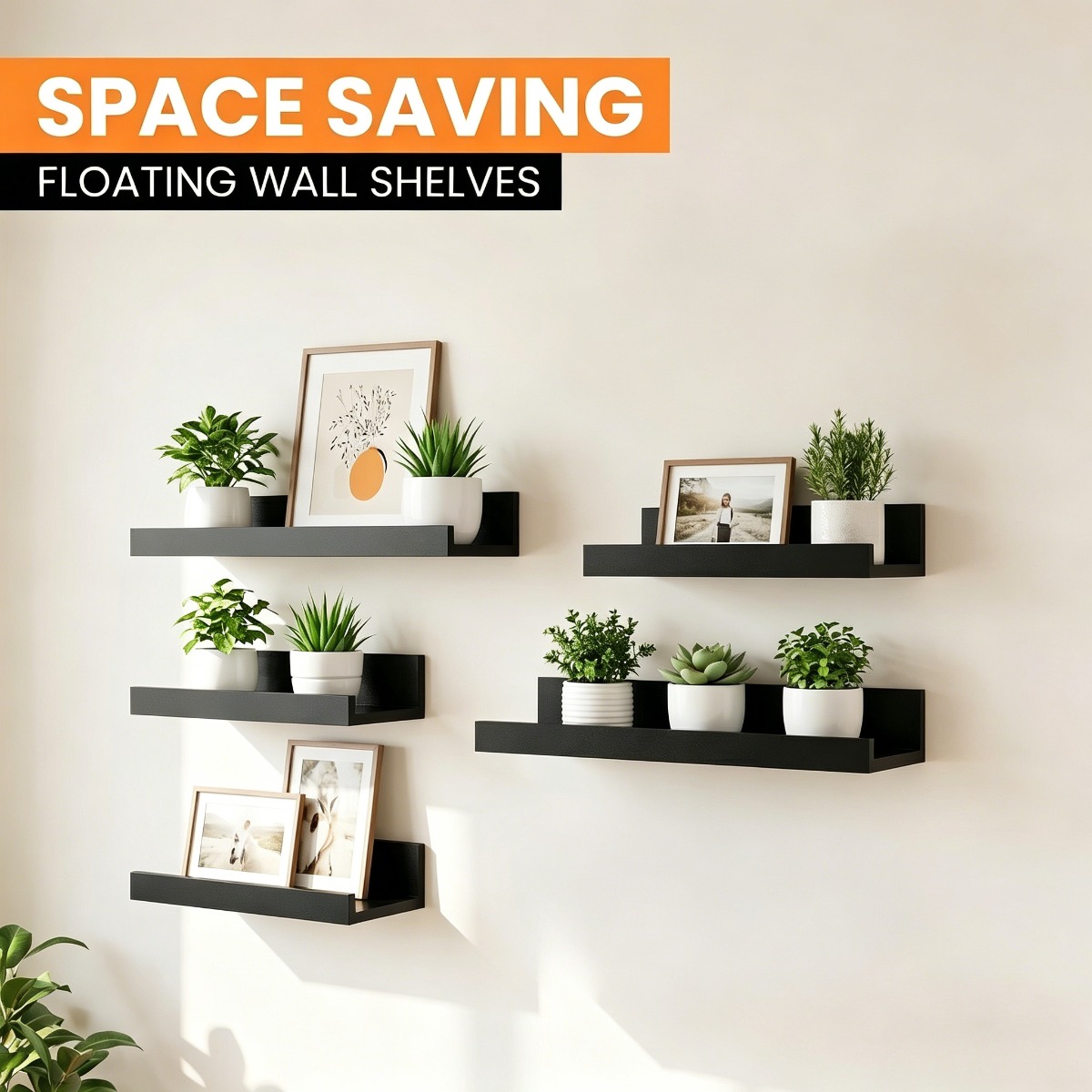 TEMU 5 Different Sizes Of Wall Shelves, Set Of 5 Bathroom Storage Shelves, Black, Floating Shelves For Wall, Ideal For Small Spaces, Living Room,