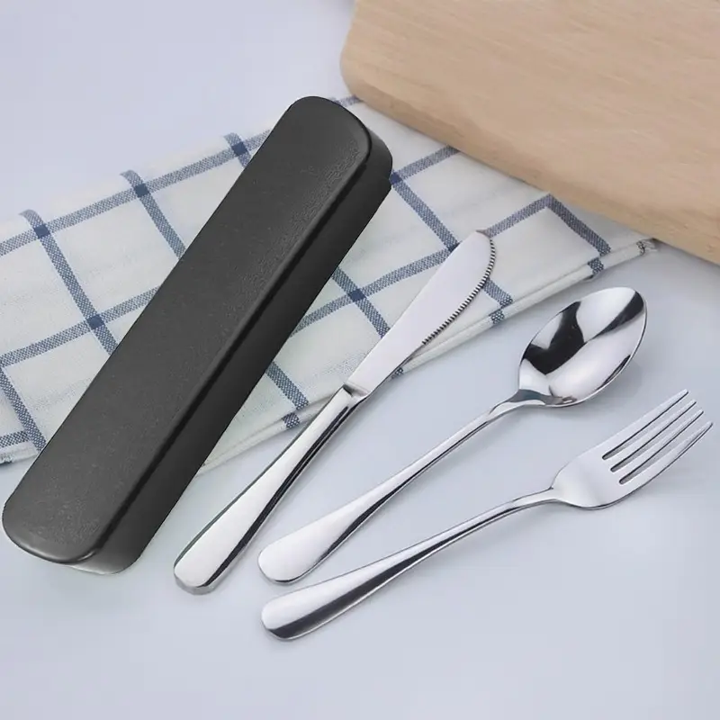 camping cutlery set with portable case stainless steel flatware camping utensil set food grade knife silverware for outdoor travel picnic lunch box black Product details 2
