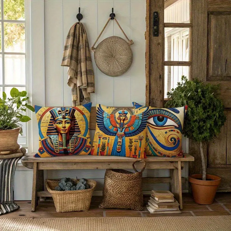 4pcs egyptian themed decorative pillow covers double sided printed polyester with zipper closure vibrant ancient eyes of horus for living room bedroom sofa decor machine washable pillow covers for living room bedroom accessories egyptian pattern artistic detailing Product details 2