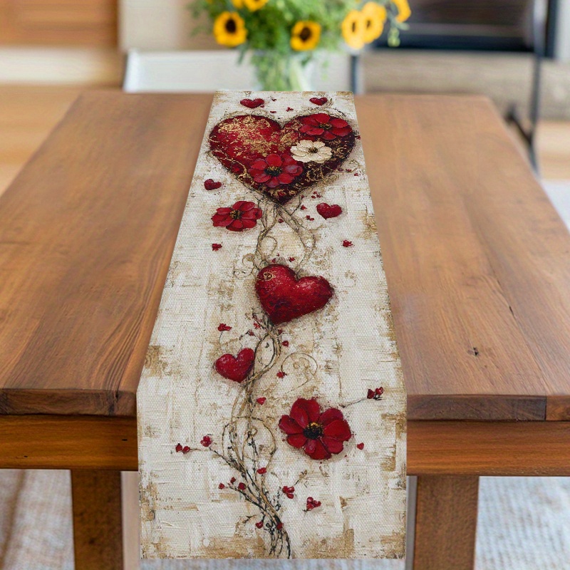 TEMU 1pc Valentine's Day Table Runner - Heart-shaped Pattern With Red Flowers & Golden Accents, Durable Polyester Fabric For Home Kitchen Restaurant