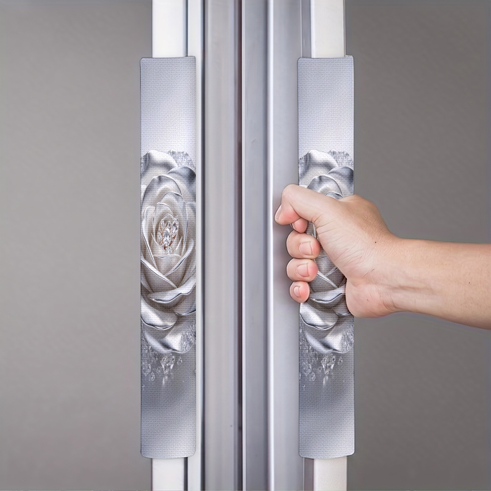 TEMU 2pcs 2d Flat Refrigerator Door Handle Covers, Refrigerator Door Handle Protectors With Silvery Rose Diamond-encrusted Pattern, Refrigerator
