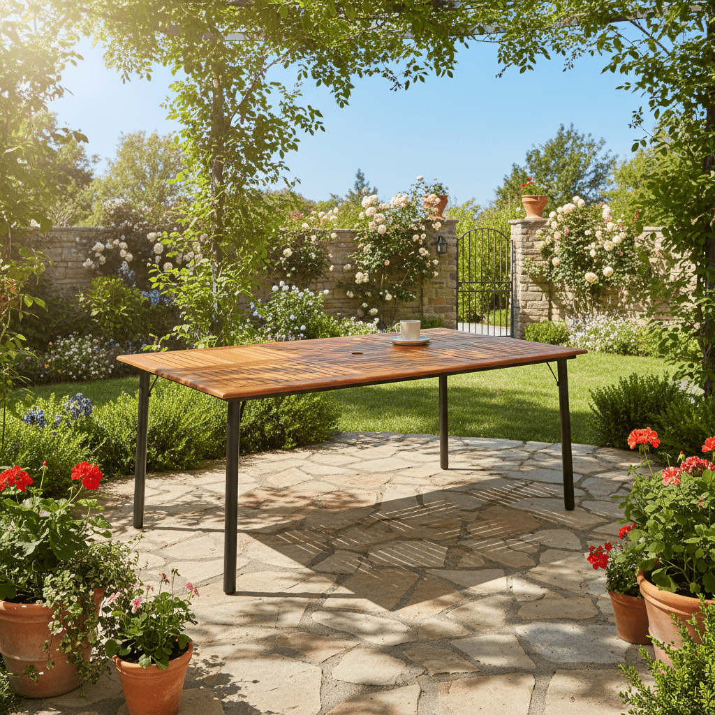 Large Outdoor Acacia Wood Dining Table with Umbrella Hole - 6-Person Rectangular Patio Table, Heavy-Duty Metal Frame & Slat Tabletop, for Garden, Backyard, Poolside, Deck (63