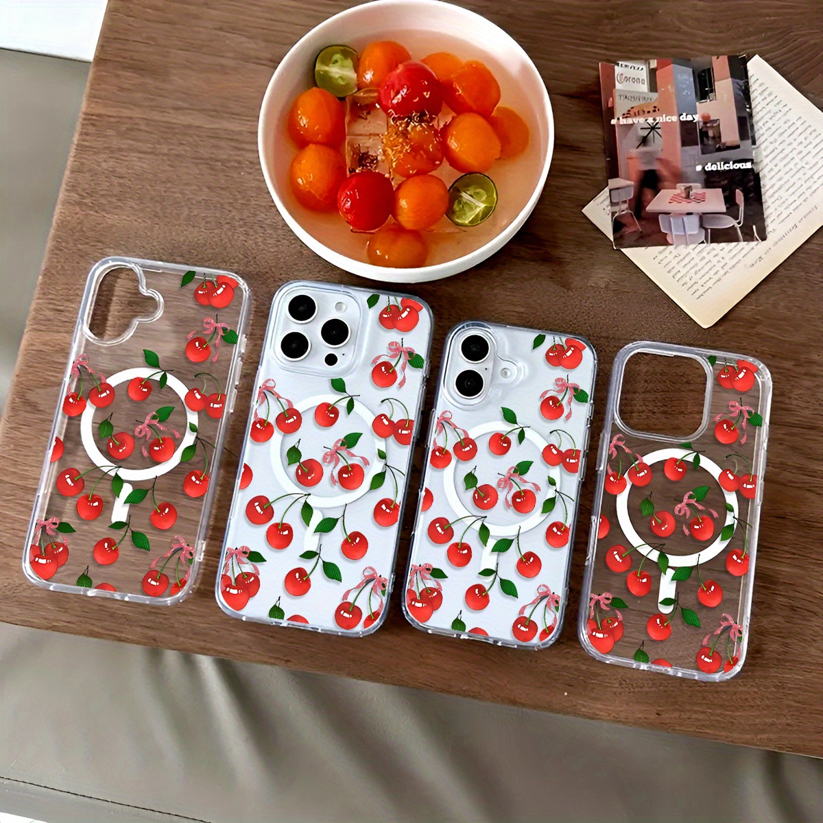 Alluring Cherry Fashion Pattern Design Mobile Phone Case Suitable for iPhone 16 Pro Max Cases 16Pro 16Plus 16Case 15Case 15ProMax 14Pro 14Plus 13Pro 12Pro 11, Shockproof Magnetic Wireless Charging Acrylic Transparent Mobile Phone Case Accessories