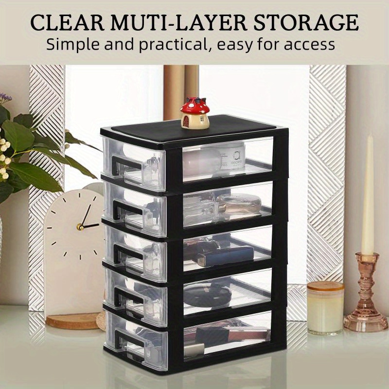 5-Tier Black Transparent Plastic Storage Cabinet with Drawers