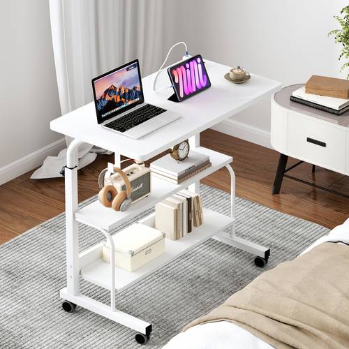 home rolling computer desk 31 5inch adjustable mobile lifting desk portable laptop desk with storage shelves and wheels
