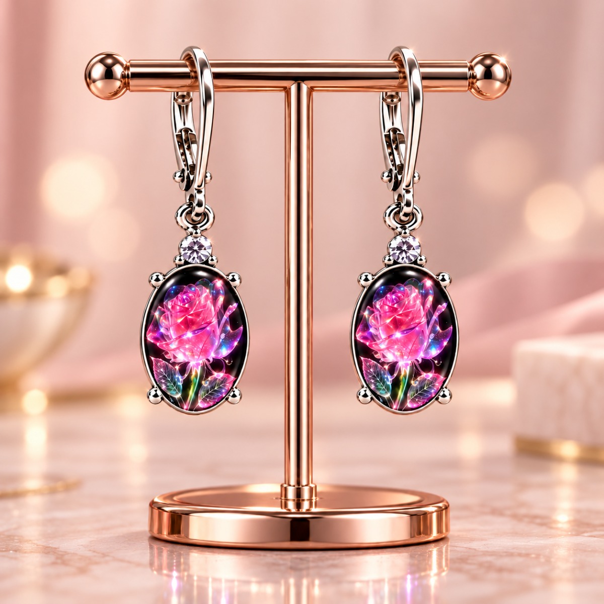 TEMU A Pair Of Women's Colorful Oval Dangle Earrings, Vintage Printed Earrings With Secure Buckle, Romantic Jewelry For Daily Wear, Valentine's Day