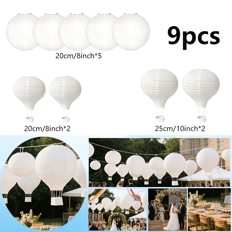 9pcs White Hot Air Balloon-shaped Paper Lanterns – For Weddings, Bridal Showers, Birthday Parties, Garden Parties, And Home Hanging Decorations, Photo Area Props, Easy To Assemble